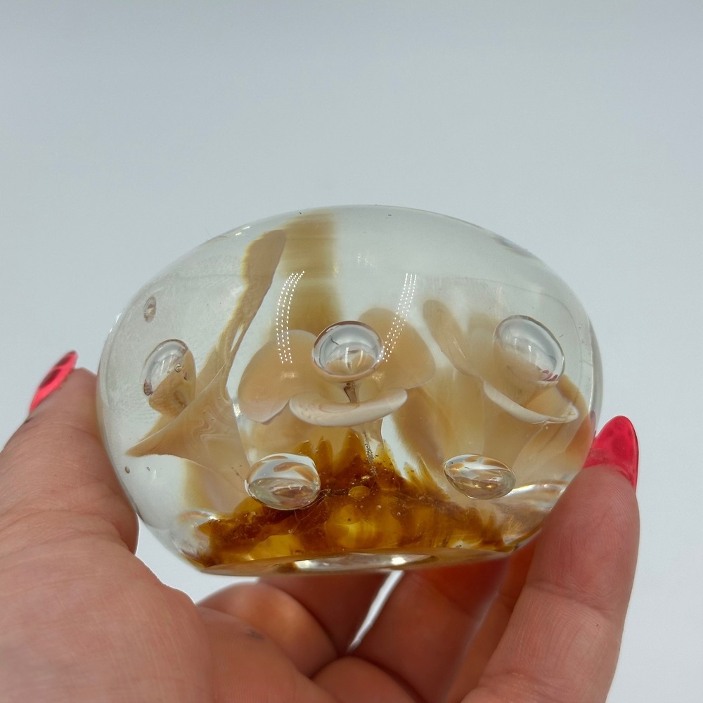 Joe St Clair Floral Art Glass Paperweight Amber Peach Excellent Signed‎ 3in